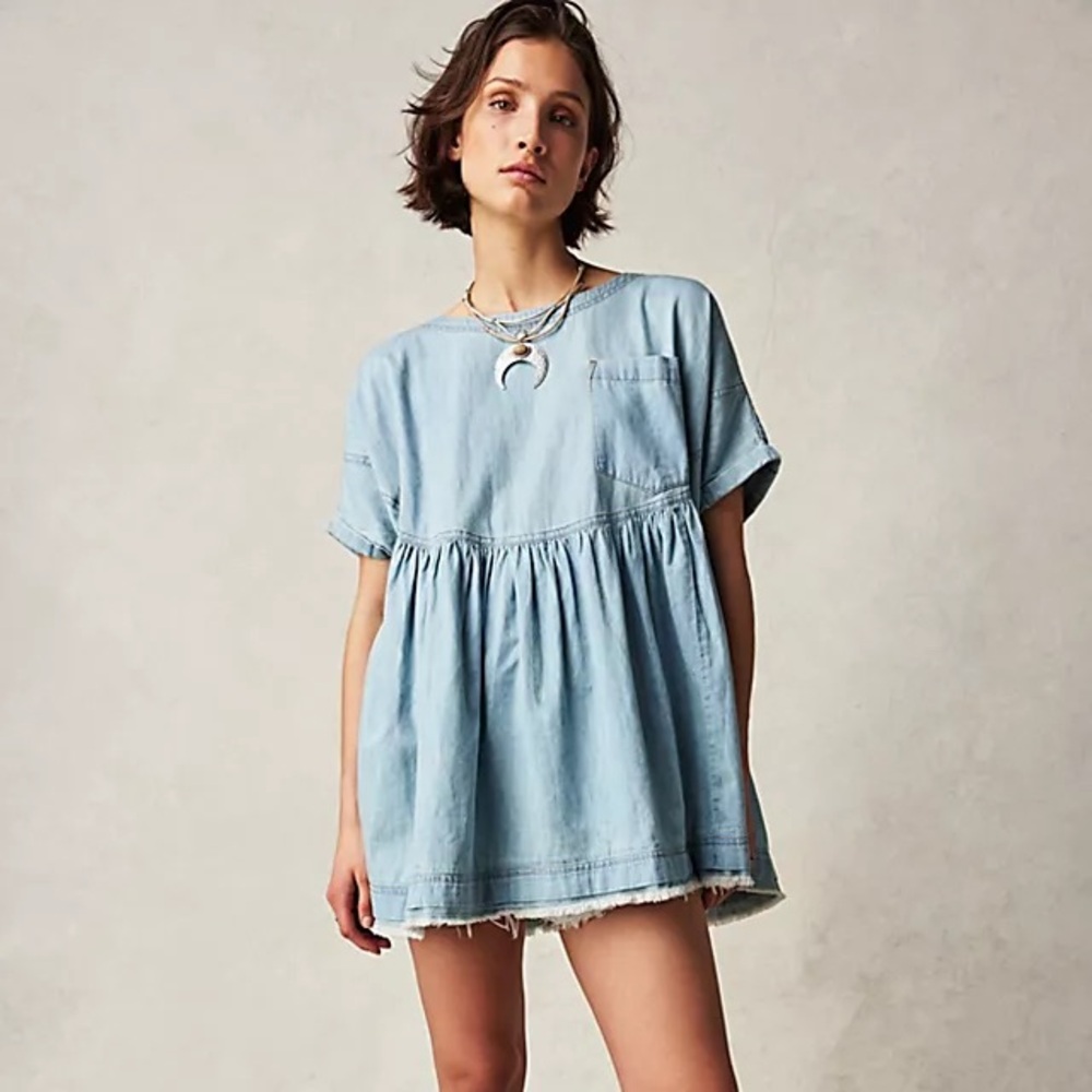 Free People Moon City Denim Top in Light Indigo